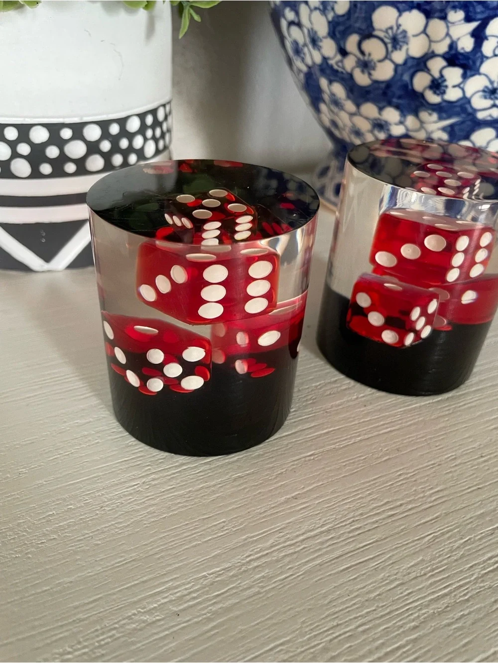 Vintage red and black casino dice Lucite/acrylic cylinder paperweight  set of 2